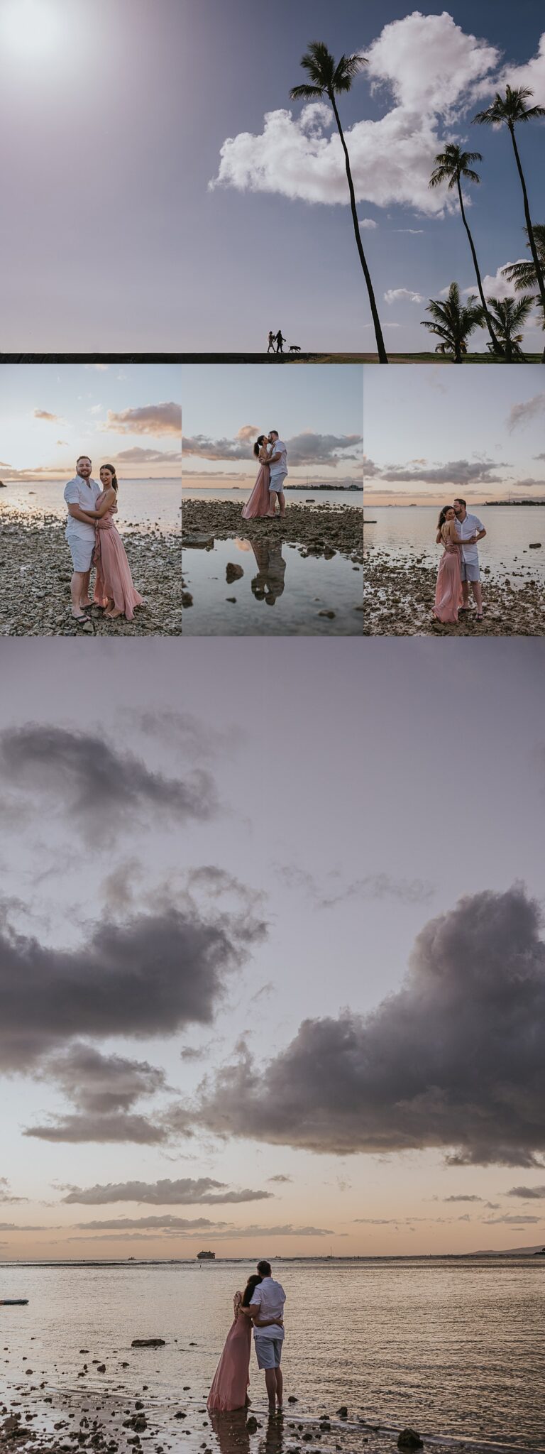 Hawaii engagement photography with palm trees and ocean views at Magic Island 