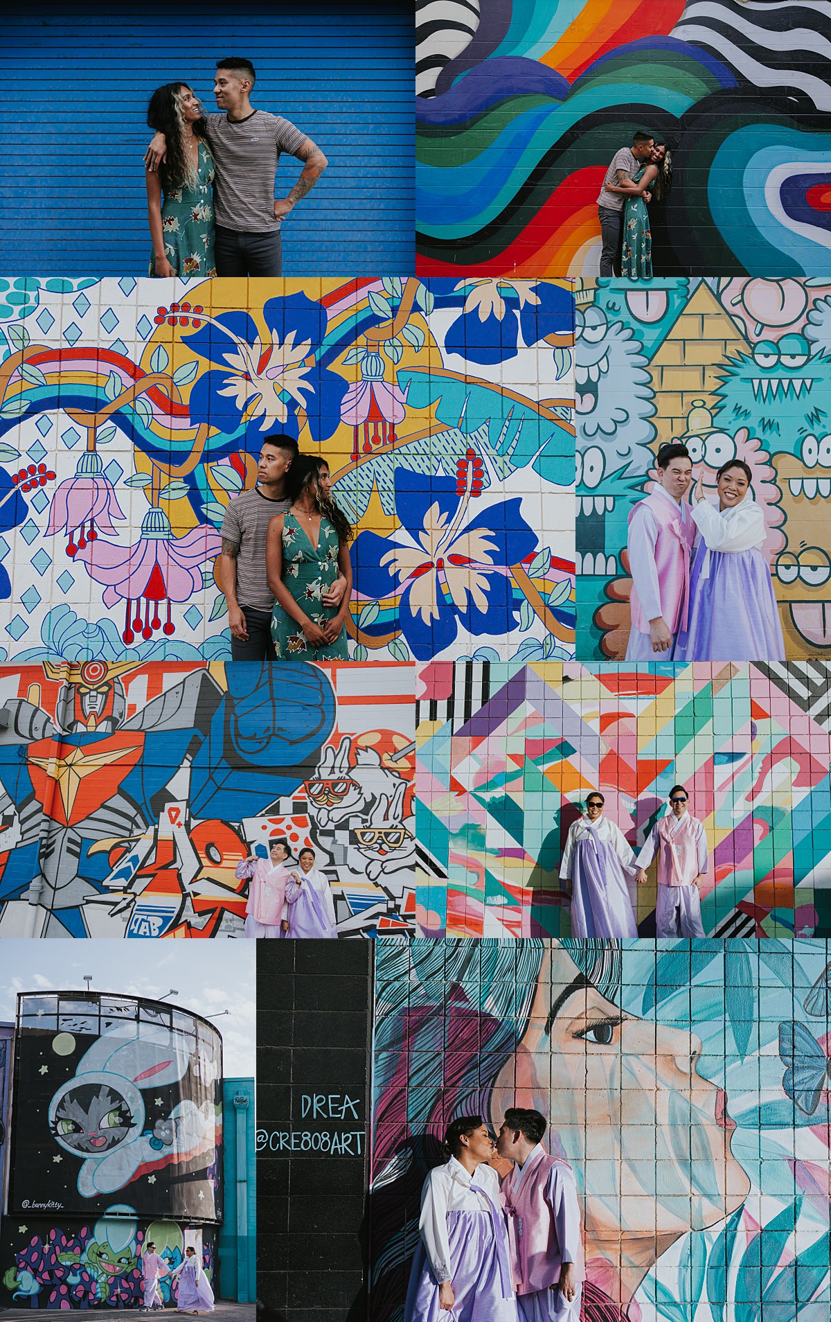 Couple standing in front of colorful Kakaʻako street art during engagement session