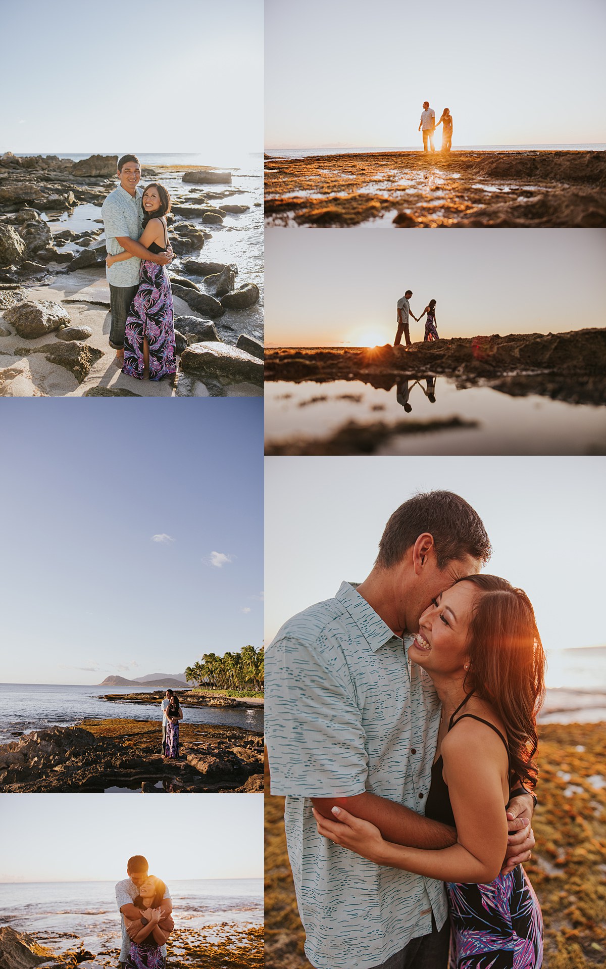 Romantic sunset engagement photo at Ko Olina beach, Oahu