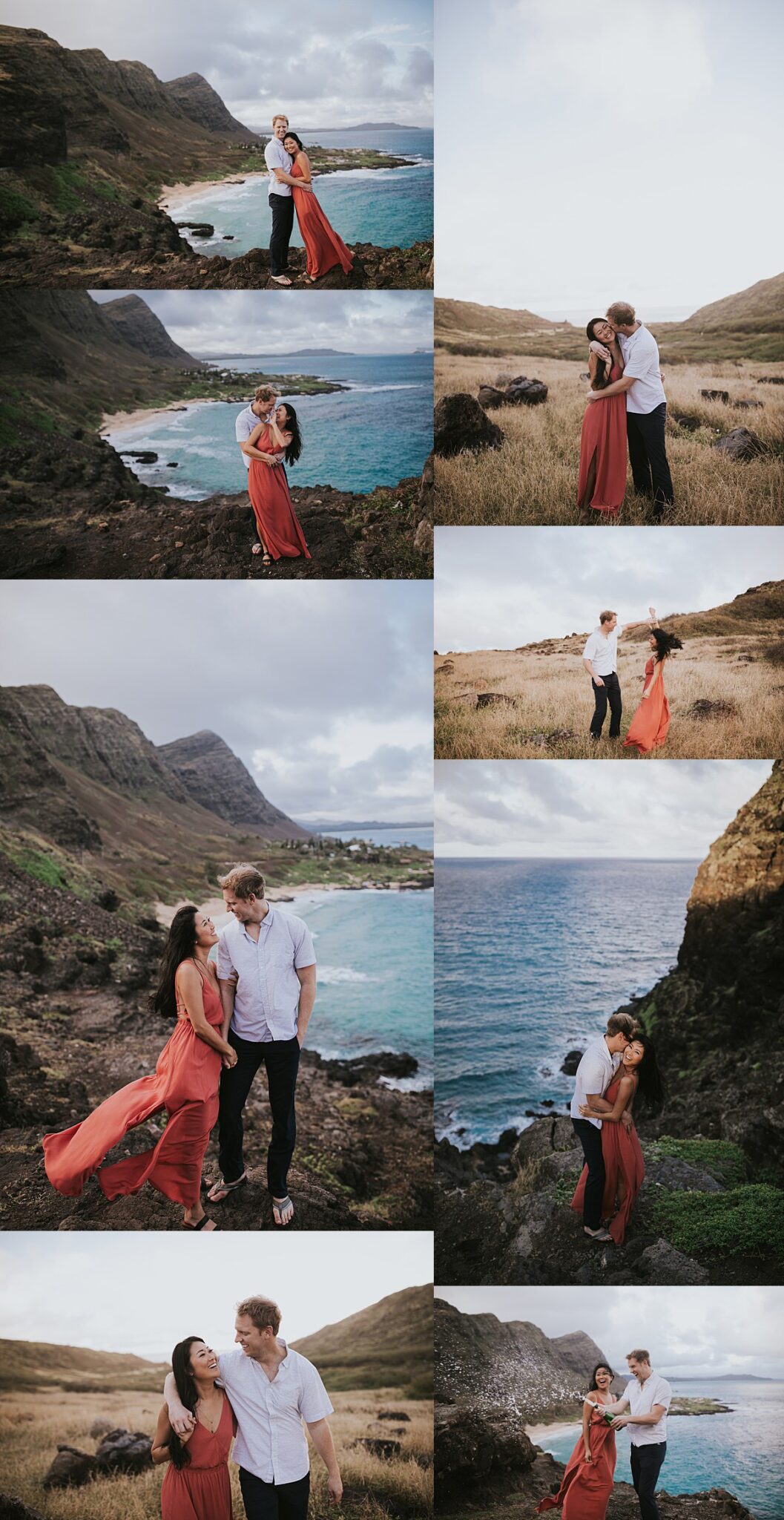 Romantic moment on the cliffs of Makapuʻu Lookout during Hawaii engagement session