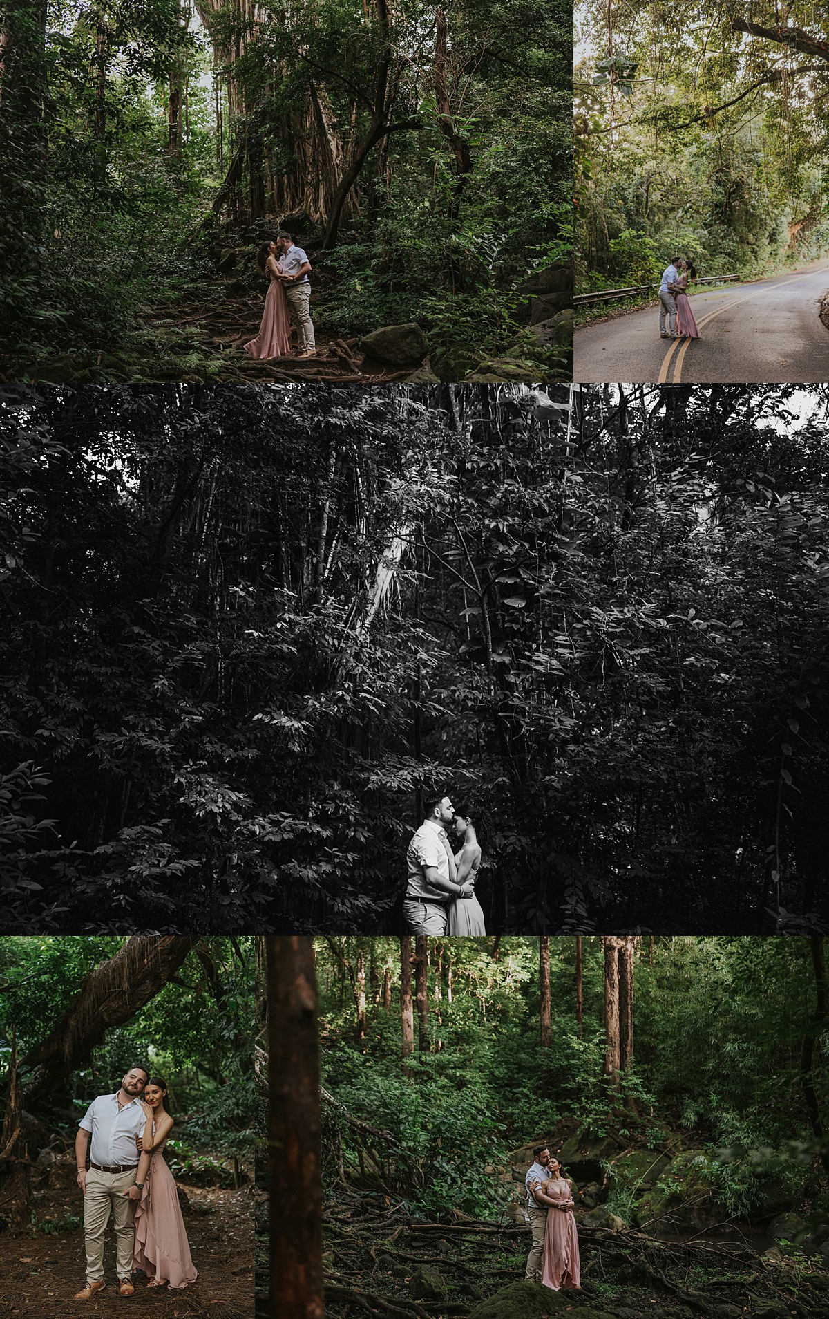 Engagement photo in lush forest in Pali, Hawaii with couple embracing – Kpix Photography